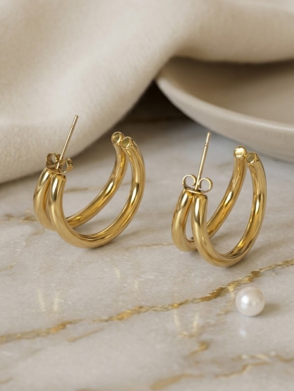 18K Gold Plated 316L Steel Chunky Double C Split Hoop Earrings 1" - Picture 6 of 16